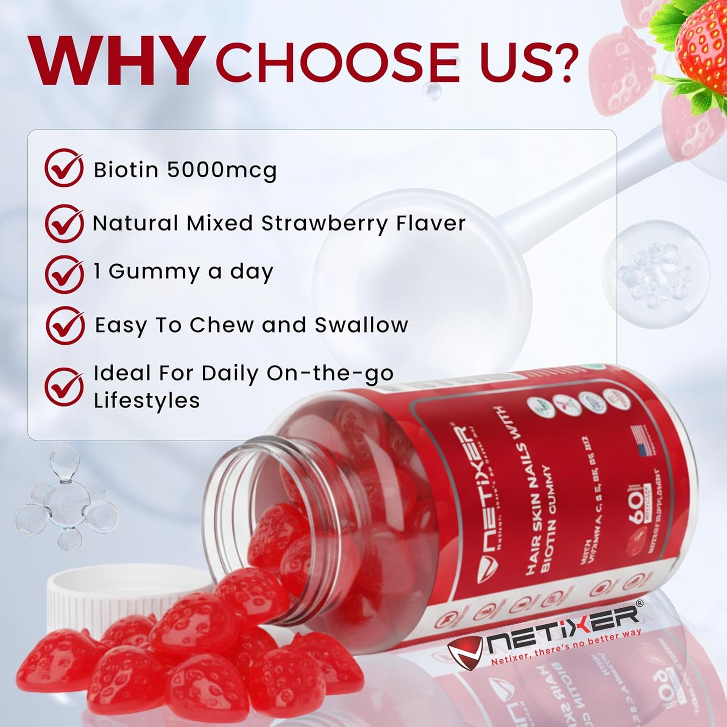 Biotin Gummies 5000 mcg | Multivitamin Gummies | Vitamins A C D E B6 B12 with Zinc | Strawberry Flavour | Vegan | Individually Wrapped | 60 Count - görsel 7