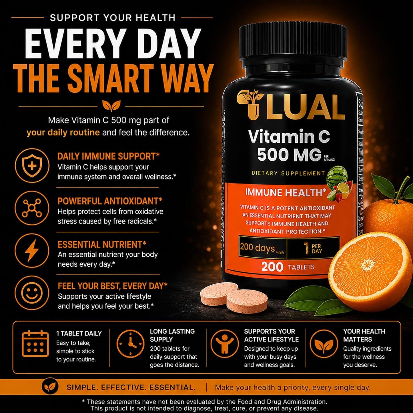 LUAL Vitamin C 500mg Chewable Tablets, Tropical Fruit Flavour, Immune Support & Antioxidant Supplement, Gluten-free, 200 Count - görsel 8
