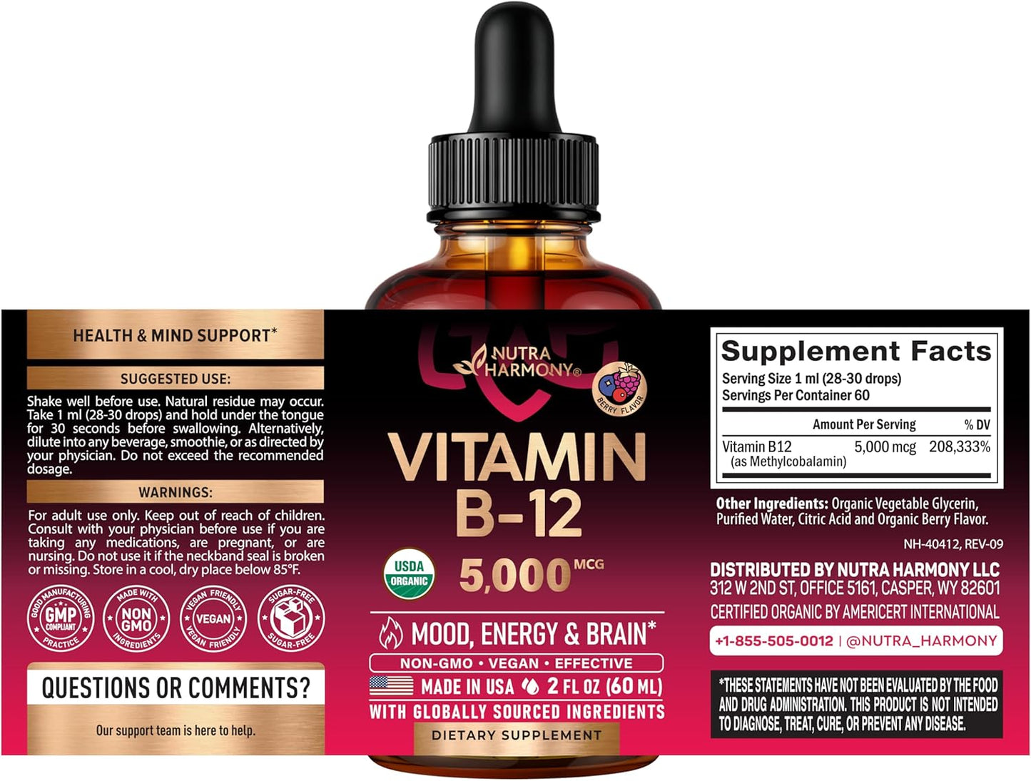 NUTRAHARMONY Organic Vitamin B12 Sublingual Drops - 5000 mcg Methylcobalamin, Natural Berry Flavour, 60 ml (2-Month Supply) - görsel 2