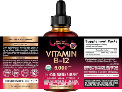 NUTRAHARMONY Organic Vitamin B12 Sublingual Drops - 5000 mcg Methylcobalamin, Natural Berry Flavour, 60 ml (2-Month Supply)