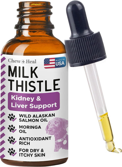 Milk Thistle for Dogs Liver Support - 60 ml Liquid Milk Thistle Supplement with Wild Alaskan Salmon Oil and Moringa Oil - Made in the USA