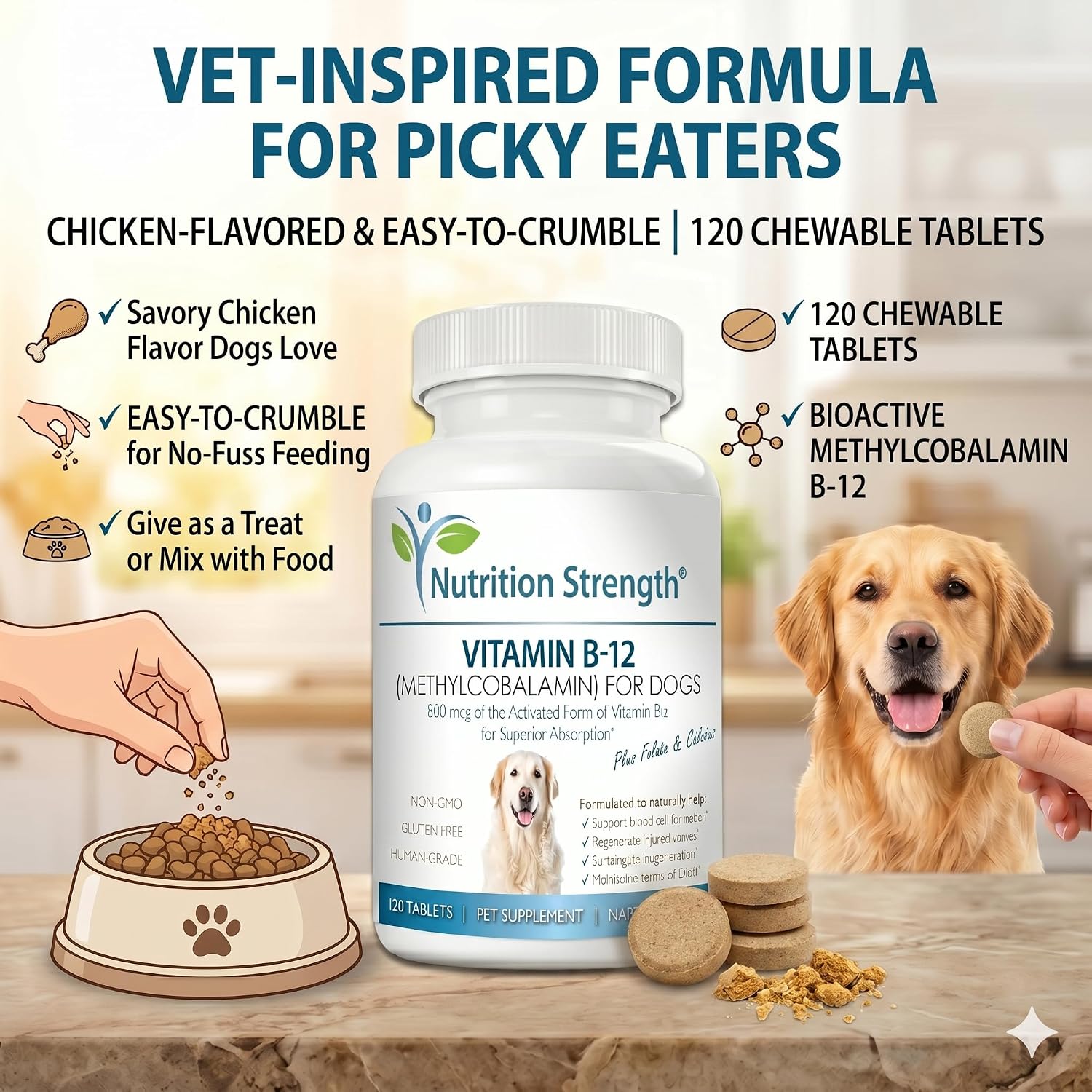Nutrition Strength Vitamin B12 for Dogs Plus Folate & Calcium – 120 Chewable Tablets - görsel 6