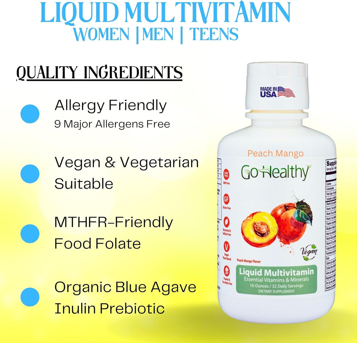 Go Healthy Liquid Multivitamin for Women, Men and Teens | Vegan | High Absorption | Peach Mango Flavour | 32 Servings - görsel 2