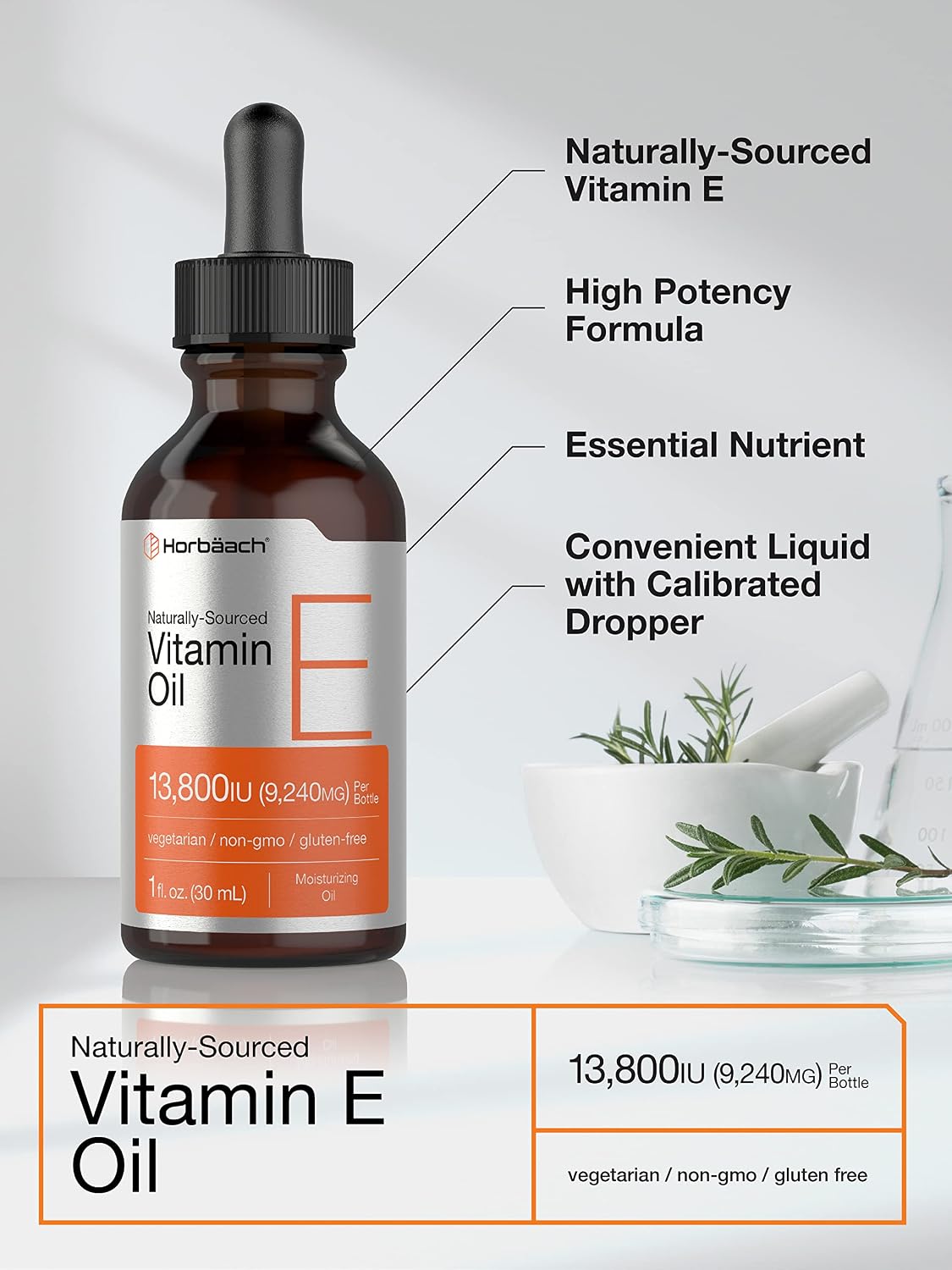 Horbäach Vitamin E Oil | 13,800 IU | 30 ml | for Face and Skin | Naturally Sourced Liquid Supplement | Vegetarian, Non-GM and Gluten-Free Formula - görsel 3
