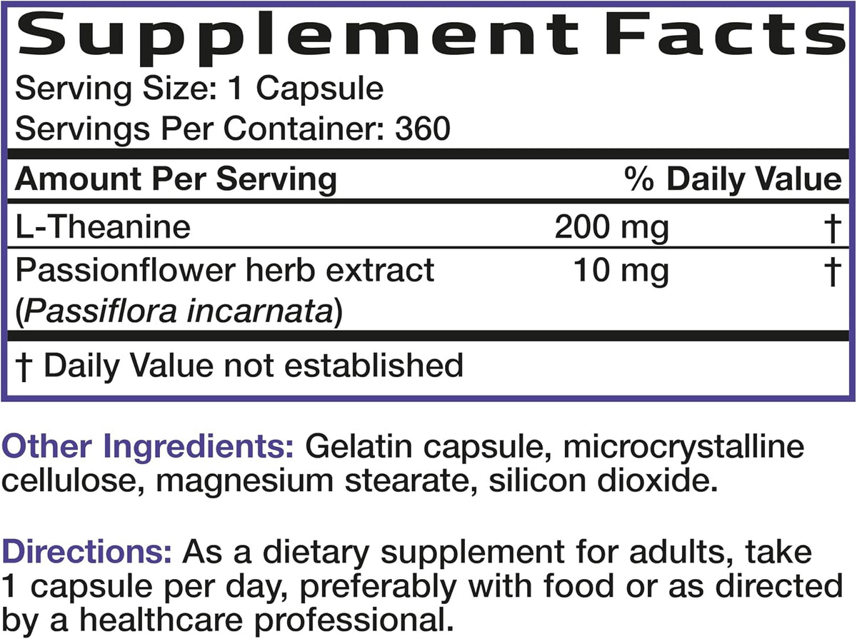 Bronson L-Theanine 200mg (Double Strength) with Passion Flower Herb, Non-GM Gluten-Free Soya-Free Stress Management Supplement, 360 Capsules - görsel 6