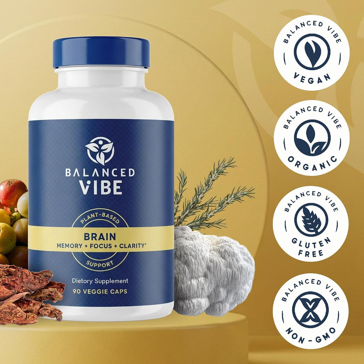 Balanced Vibe Brain Supplement 8 in 1 with Lion's Mane, Bacopa, Rhodiola, Ginkgo – Non-Stimulant, Organic, Vegan, GMP Certified, 90 Capsules - görsel 6
