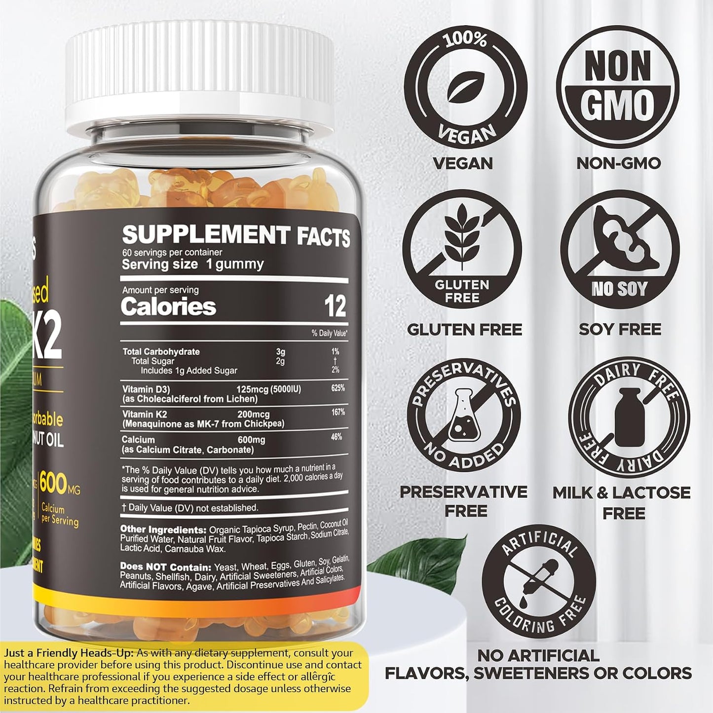 Vitamin D3 K2 Gummy Bears – 5000 IU D3, 200 mcg K2 MK7, 600 mg Calcium, Vegan, 60 Gummies - görsel 2