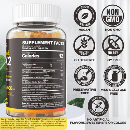 Vitamin D3 K2 Gummy Bears – 5000 IU D3, 200 mcg K2 MK7, 600 mg Calcium, Vegan, 60 Gummies