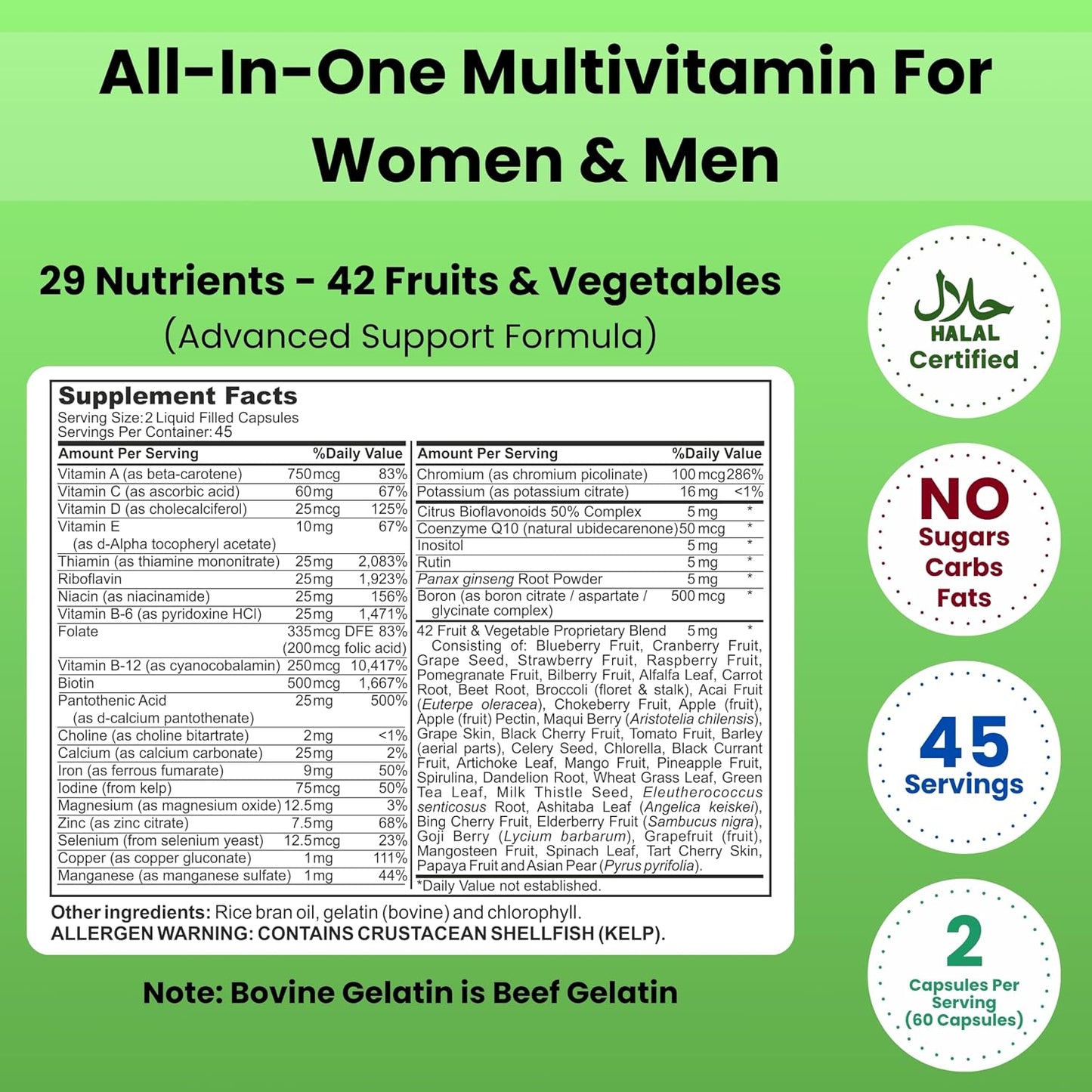 SHIFAA NUTRITION Halal Vitamins, Multivitamin for Women and Men – Comprehensive Support for Heart, Brain, Eye and Immune Health – Gluten, Dairy and Egg Free (45 Day Supply) - görsel 2