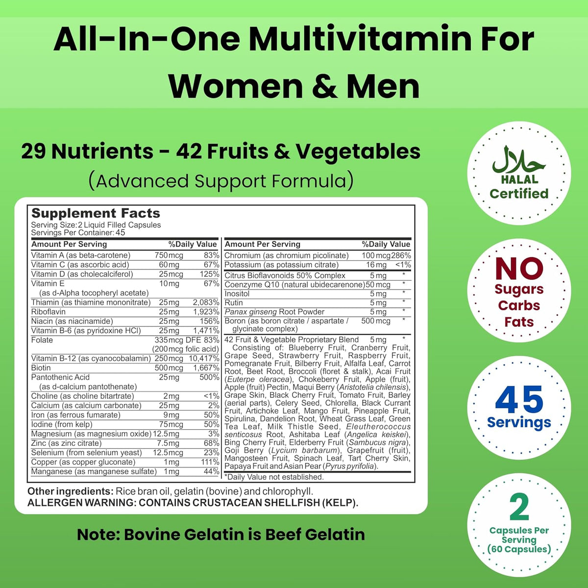 SHIFAA NUTRITION Halal Vitamins, Multivitamin for Women and Men – Comprehensive Support for Heart, Brain, Eye and Immune Health – Gluten, Dairy and Egg Free (45 Day Supply) - görsel 2
