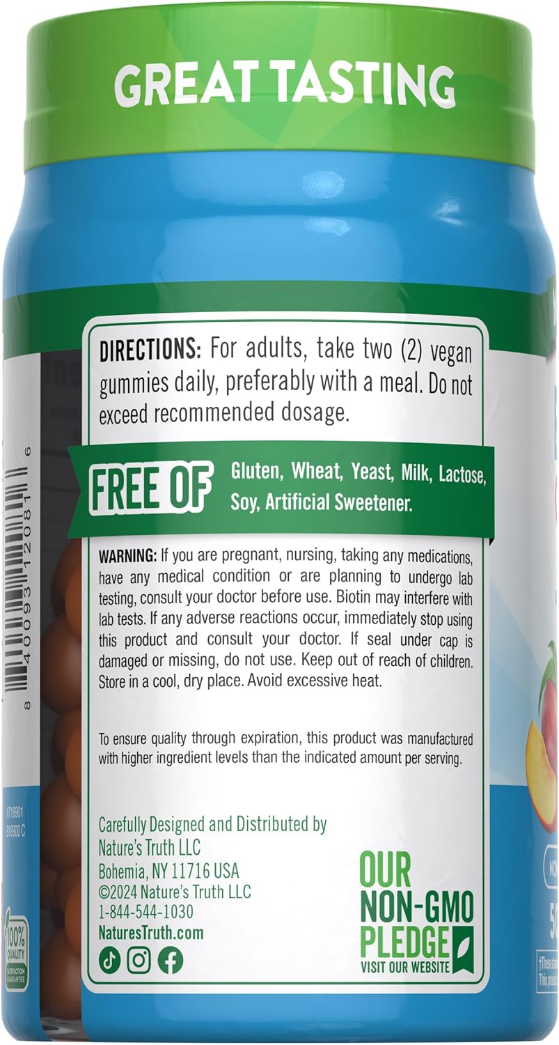Nature's Truth Biotin Gummies | 10000mcg | 50 Count | Vegan, Non-GMO & Gluten-free | Peach Flavour - görsel 7
