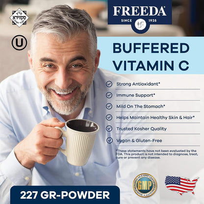 FREEDA Buffered Vitamin C Powder – Non-Acidic, Stomach-Friendly Vitamin C for Sensitive Individuals – Vegan, Kosher, Sugar-Free – 227 g (8 oz)