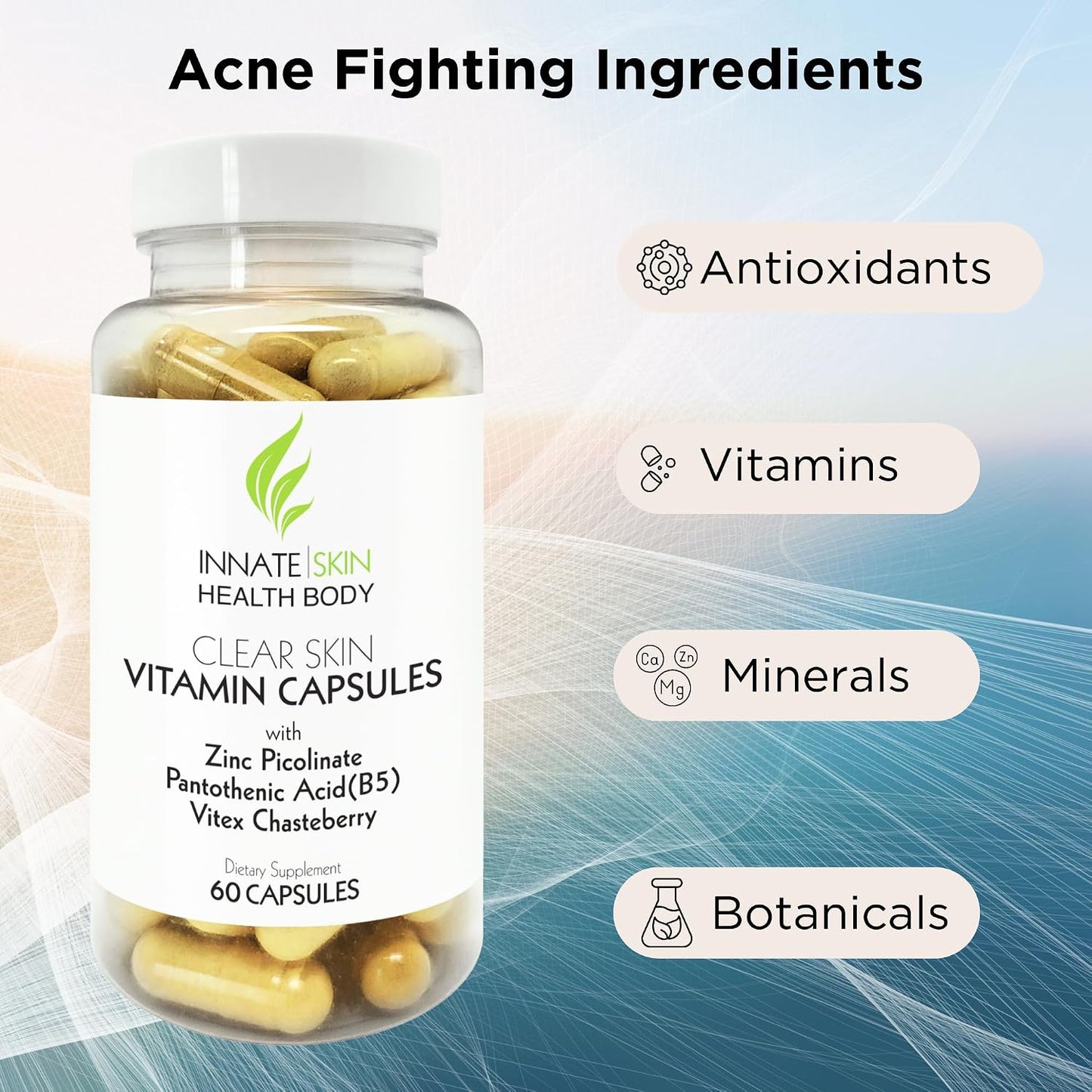 Clear Skin Acne Vitamins Capsules | Complexion Supplements with Pantothenic Acid B5, Zinc Picolinate, Vitex Chasteberry | 60 Count - görsel 2
