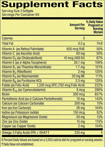 Prenatal Vitamins for Women - 120 Mini Soft gel capsules Multivitamin/Multimineral (Pack of 1)