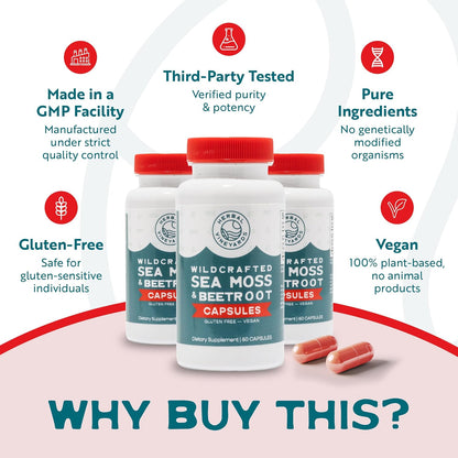 Herbal Vineyards Organic Wildcrafted Sea Moss and Beetroot 60 Capsules | Immune Support, Digestive Health & Energy | Vegan | Non-GMO | Ethically Sourced
