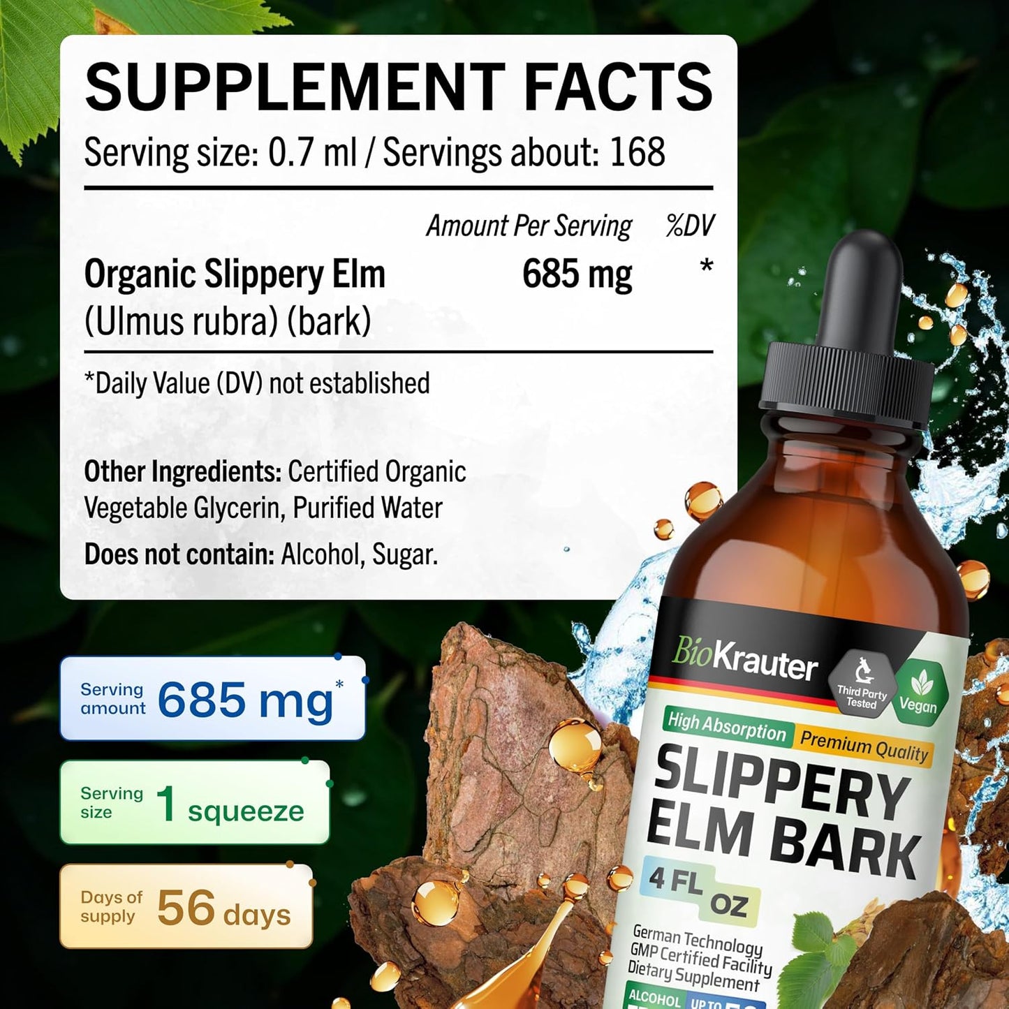 Slippery Elm Bark Tincture – Pure Slippery Elm for Women & Men – 118 ml (56 Days Supply) – Vegan Liquid Drops for Throat, Lungs, Digestion - görsel 4