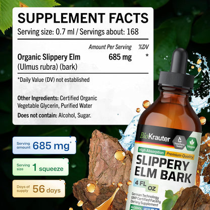 Slippery Elm Bark Tincture – Pure Slippery Elm for Women & Men – 118 ml (56 Days Supply) – Vegan Liquid Drops for Throat, Lungs, Digestion