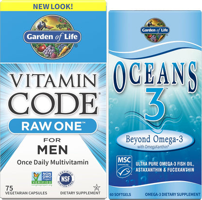 Garden of Life Vitamin Code RAW ONE for Men Once Daily Whole Food Multivitamin with Probiotics, Non-GMO, 75 Capsules