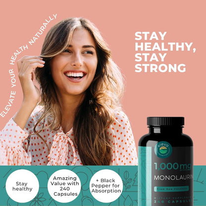 Monolaurin 1000mg Capsules – Pure Glycerol & Lauric Acid from Raw Coconut – Vegan, Non-GM, Soya-free – 240 Capsules