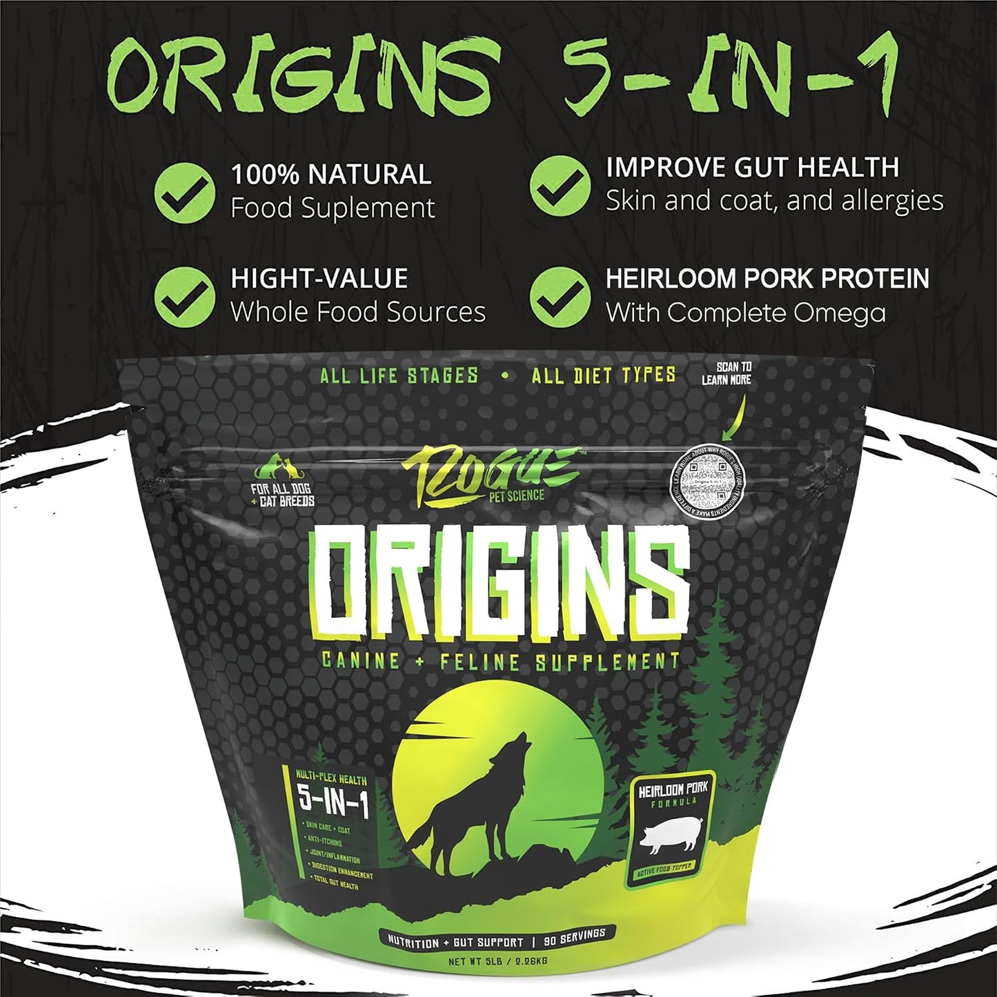 Origins 5-in-1 Dog Supplement - Powdered Food Topper with Natural Heirloom Pork Protein - Supports Healthy Digestion, Skin, and Coat (2.27 kg) - görsel 3