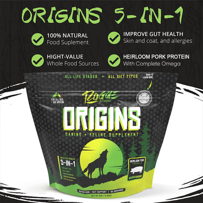 Origins 5-in-1 Dog Supplement - Powdered Food Topper with Natural Heirloom Pork Protein - Supports Healthy Digestion, Skin, and Coat (2.27 kg)