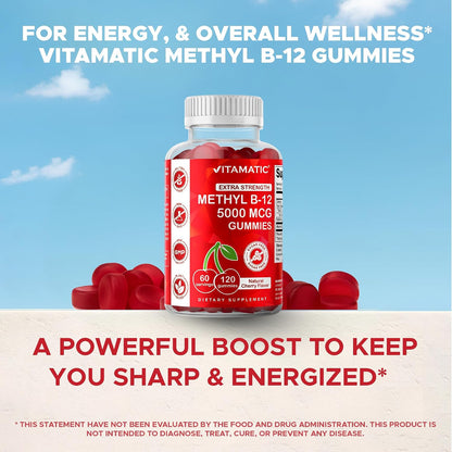 Vitamatic Extra Strength Vitamin B12 5000 mcg (Methyl B12) Gummies – Natural Cherry Flavour – 120 Count