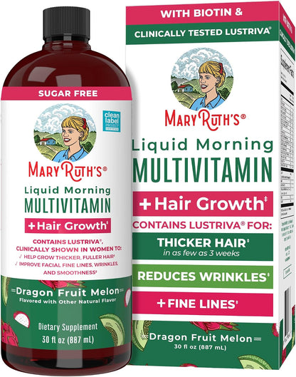 MaryRuth's Liquid Multivitamin + Hair Growth | Clinically Tested for Thicker Hair & Reduced Facial Wrinkles | Biotin 10,000 mcg | Lustriva Hair Growth Supplement | Skin Care | Ages 18+ | 887 ml
