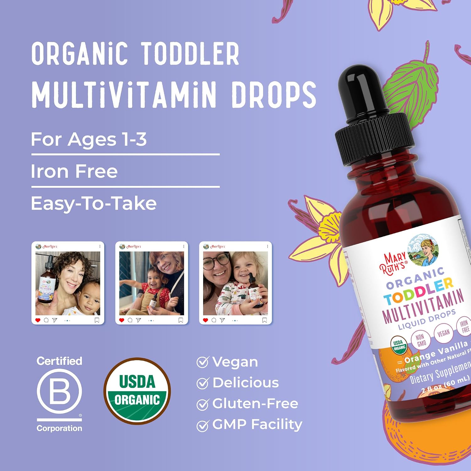 MaryRuth's Toddler Multivitamin | Vitamin A C D E B6 B12 Zinc | Healthy Growth Support | Immunity | Bone Health | Cognitive Function | Organic | Sugar Free | Vegan | Non-GM | 60 ml | 30 Day Supply - görsel 8