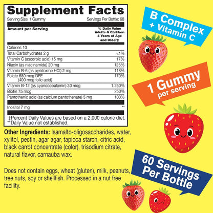 WellYeah Kids Vitamin B Complex Sugar Free Gummies with Vitamin C and Folic Acid - Strawberry Flavour, 60 Gummies