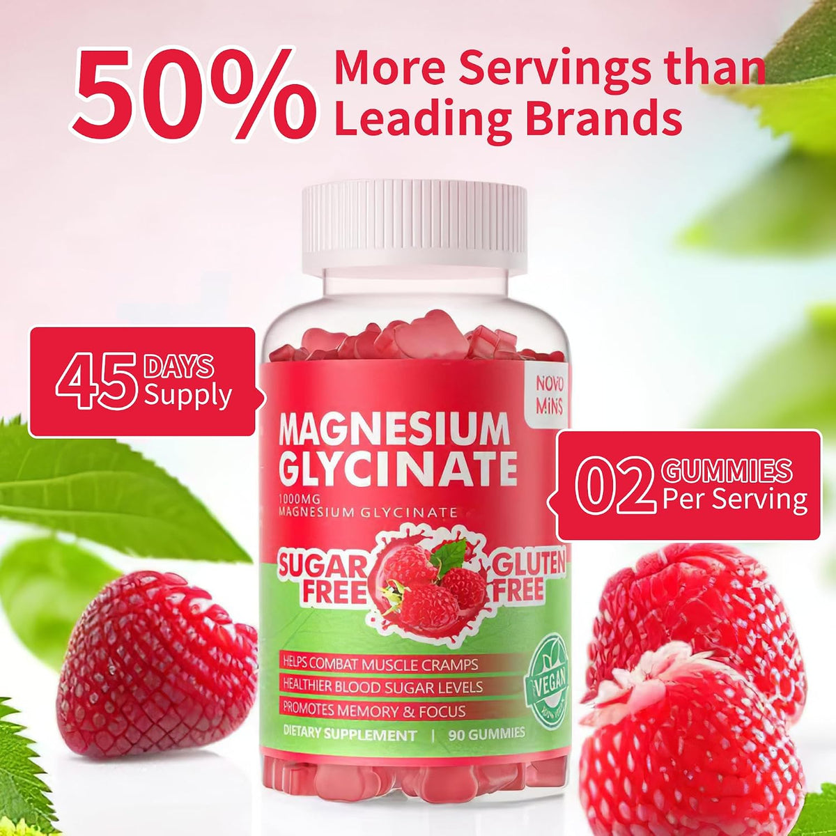 Novomins Nutrition Magnesium Glycinate Gummies 1000mg - Sugar Free Magnesium Potassium Supplement with Vitamin D, B6, CoQ10 for Relaxation & Sleep Support - 90 Raspberry Gummies - görsel 6