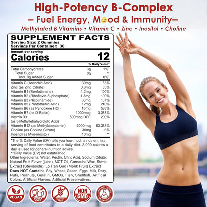 Methylated Vitamin B Complex Gummies - B12 & Folate with B1, B2, B3, B5, Biotin, Vitamin C, Zinc, Choline & Inositol - 60 Count