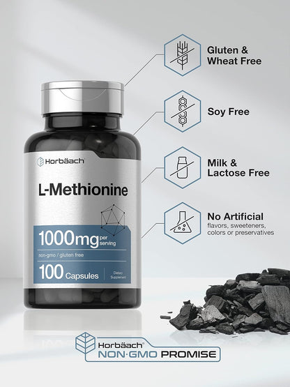 Horbäach L-Methionine 1000mg | 100 Capsules | Non-GM, Gluten-free Free Form Supplement