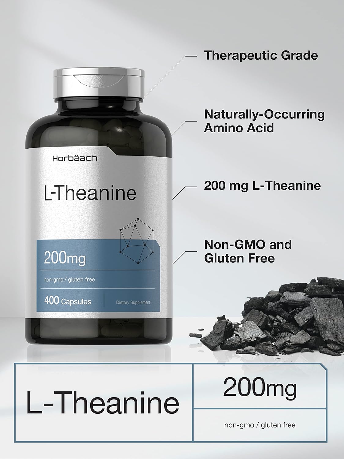 Horbäach L-Theanine | 200mg | 400 Capsules | Value Size | Non-GMO, Gluten-free Supplement - görsel 3
