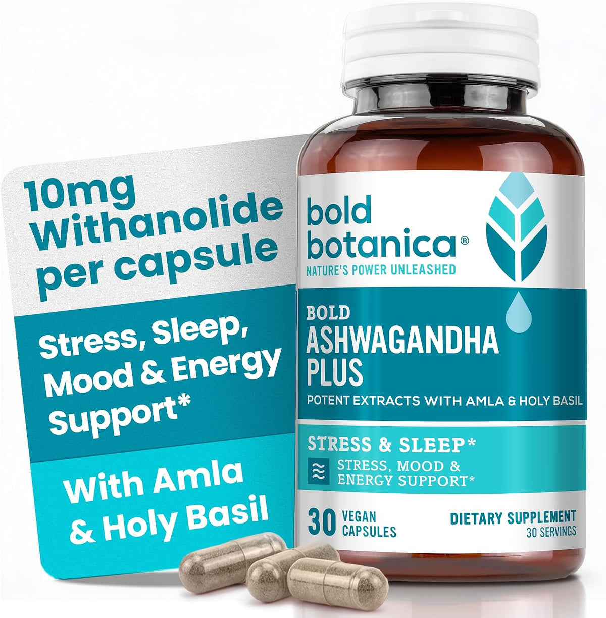 Bold Botanica Ashwagandha Plus – Food Supplement for Men & Women – Stress, Mood, Memory & Energy Support – Triple Adaptogenic Formula with Amla & Holy Basil, 1 Capsule Daily – 30 Vegan Capsules - görsel 1