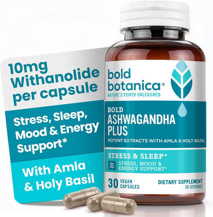 Bold Botanica Ashwagandha Plus – Food Supplement for Men & Women – Stress, Mood, Memory & Energy Support – Triple Adaptogenic Formula with Amla & Holy Basil, 1 Capsule Daily – 30 Vegan Capsules