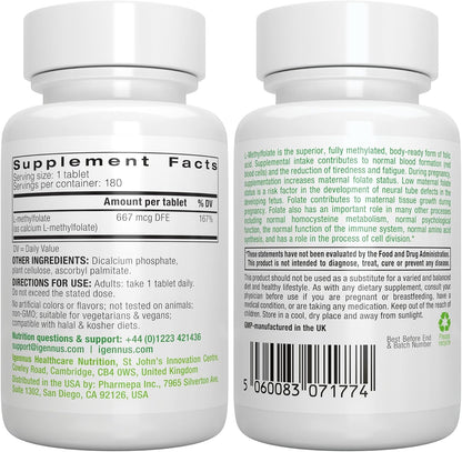 Igennus Pure Methyl Folate 400 mcg, 180 Tablets – Bioactive L-Methylfolate (Vitamin B9) – Vegan, Suitable During Pregnancy