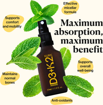 Kurk Vegan Vitamin D3 K2 Spray - 3000IU D3 & K2 MK-7, Plant-Based, Mint (30ml)