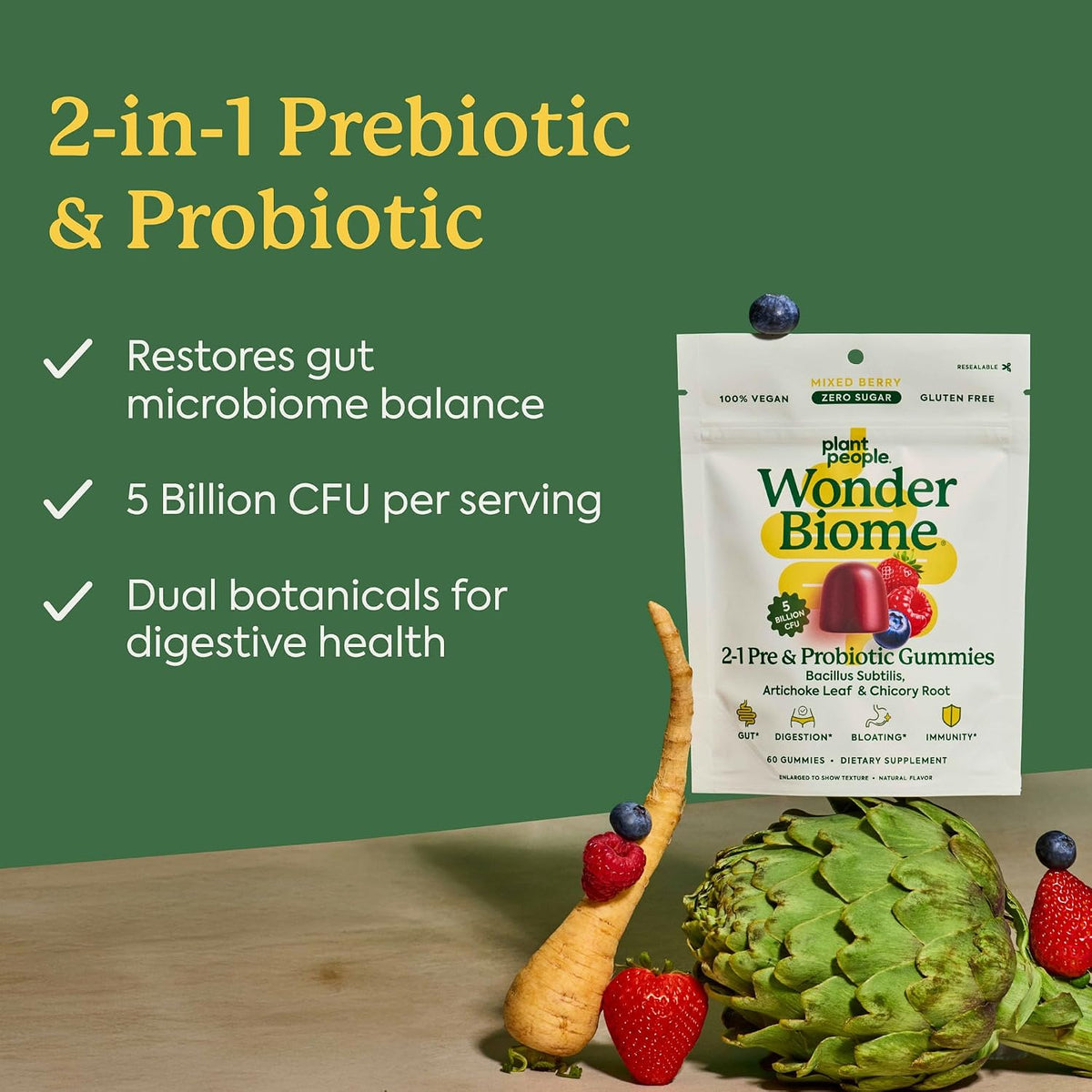 Plant People WonderBiome 2-in-1 Prebiotic + Probiotic Gummies – Zero-Sugar Vegan Digestive Health & Bloating Relief - görsel 2