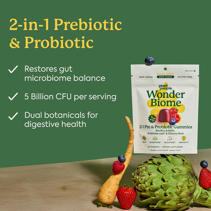 Plant People WonderBiome 2-in-1 Prebiotic + Probiotic Gummies – Zero-Sugar Vegan Digestive Health & Bloating Relief