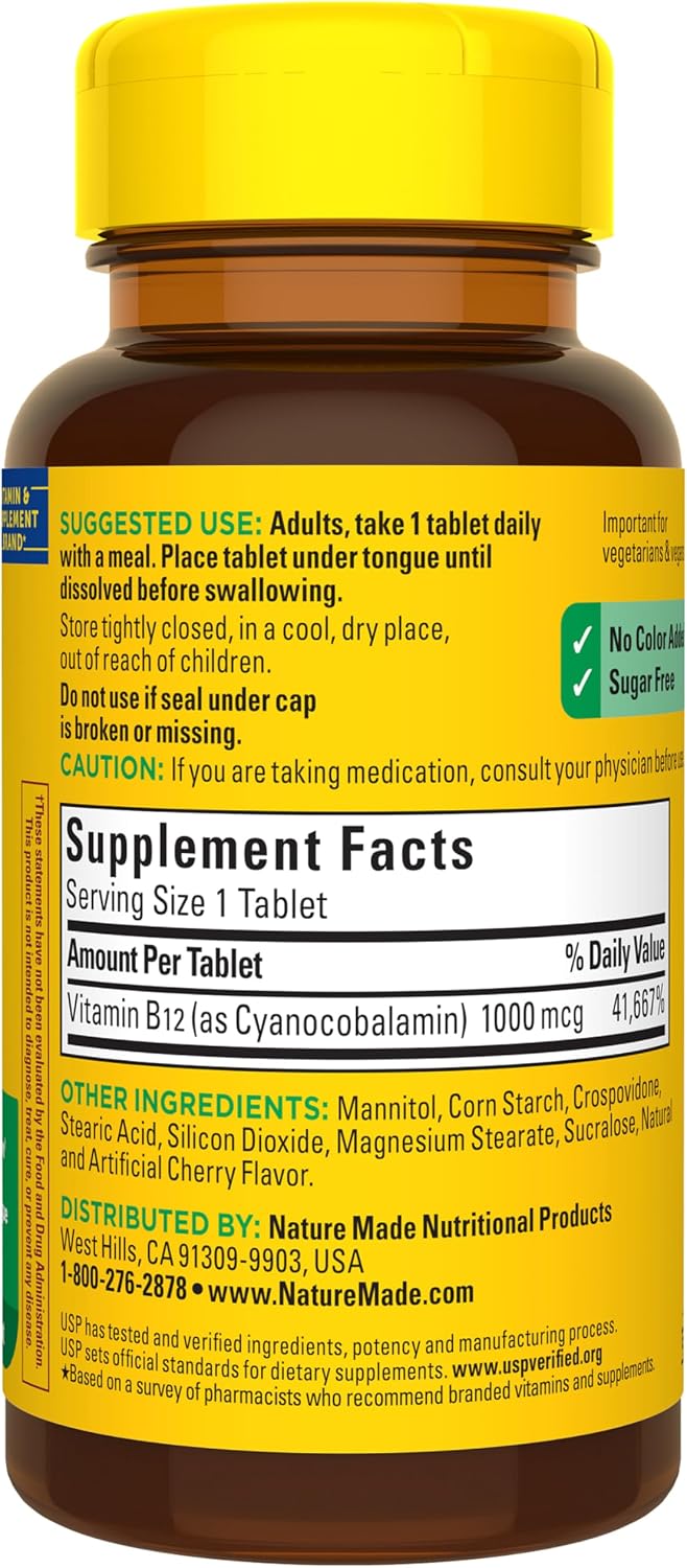 Nature Made Vitamin B12 1000 mcg, Easy to Take Vitamin B12 Sublingual Tablets for Energy Metabolism Support, 50 Sugar Free Fast Dissolve Tablets, 50 Day Supply - görsel 9