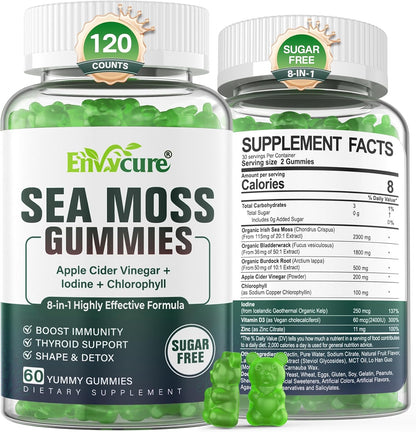 Sea Moss Gummies – Sugar-Free, Extra Strength Irish Moss Supplement with Iodine, Chlorophyll, ACV, D3, Burdock Root, Bladderwrack – Vegan, 2-Pack