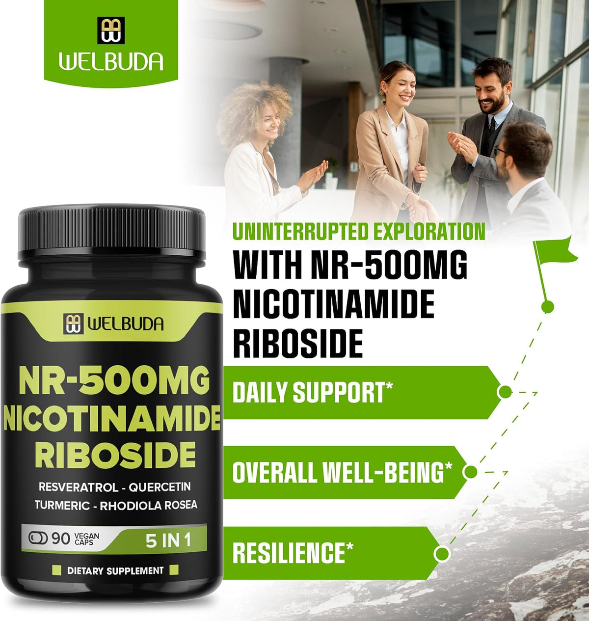 WELBUDA 5in1+ Nicotinamide Riboside Supplement with Resveratrol, Quercetin, Turmeric, Rhodiola Rosea – 90 Capsules - görsel 3