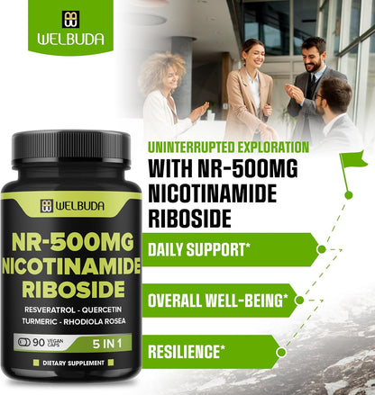 WELBUDA 5in1+ Nicotinamide Riboside Supplement with Resveratrol, Quercetin, Turmeric, Rhodiola Rosea – 90 Capsules