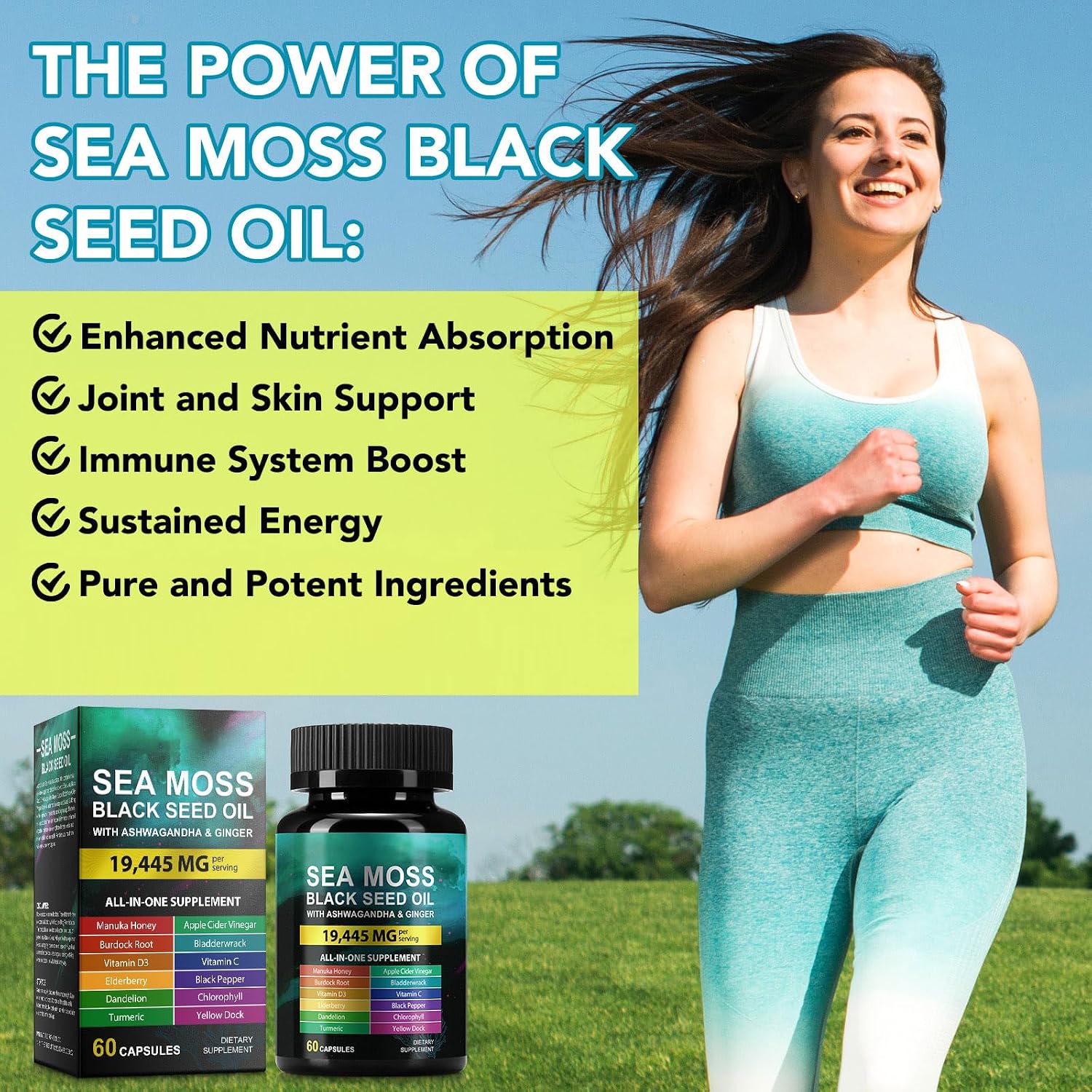 Sea Moss Black Seed Oil Ashwagandha Ginger Supplement - 60 Capsules - görsel 4