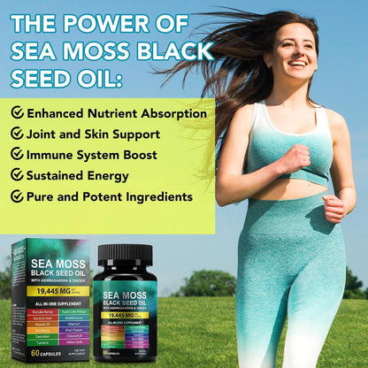 Sea Moss Black Seed Oil Ashwagandha Ginger Supplement - 60 Capsules