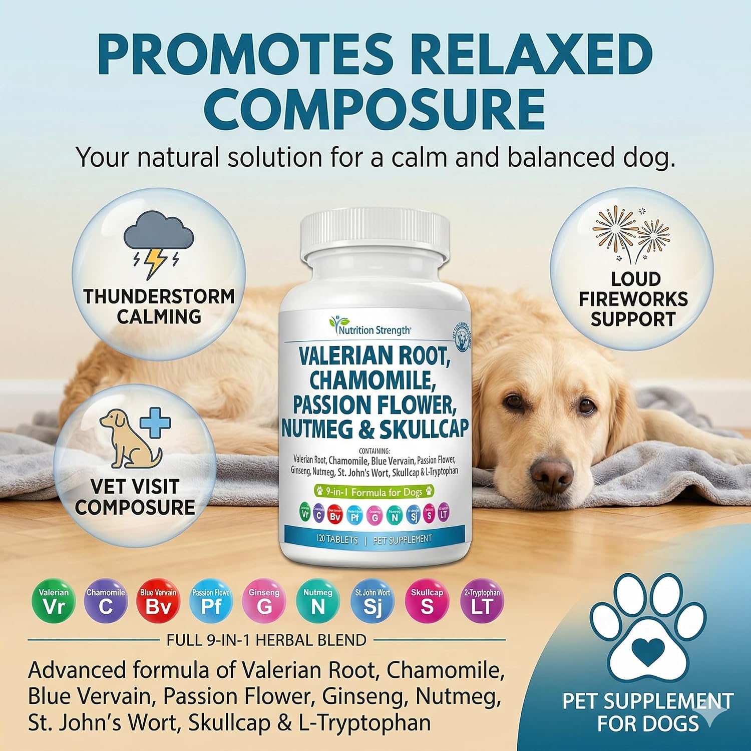 Nutrition Strength 9-in-1 Valerian Root for Dogs 200mg, Chamomile 160mg, Blue Vervain, Passion Flower, Ginseng, Nutmeg, St John's Wort, L-Tryptophan for Dog Stress Relief & Calming, 120 Tablets - görsel 4