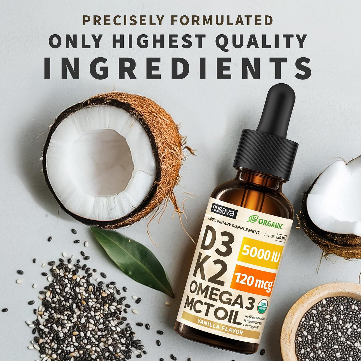 (Pack of 2) Organic Vitamin D3 K2 Drops with MCT Oil & Omega-3 – Liquid Vitamin D3 5000 IU – K2 D3 Supplement – Non-GMO, GMP, Vanilla (60 ml) - görsel 7