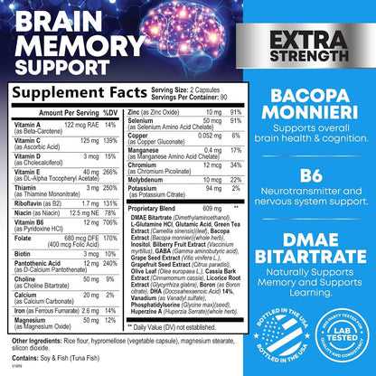 Nature's Nutrition Brain Memory Supplement - 3X Strength Nootropics for Focus, Clarity & Memory, 180 Capsules
