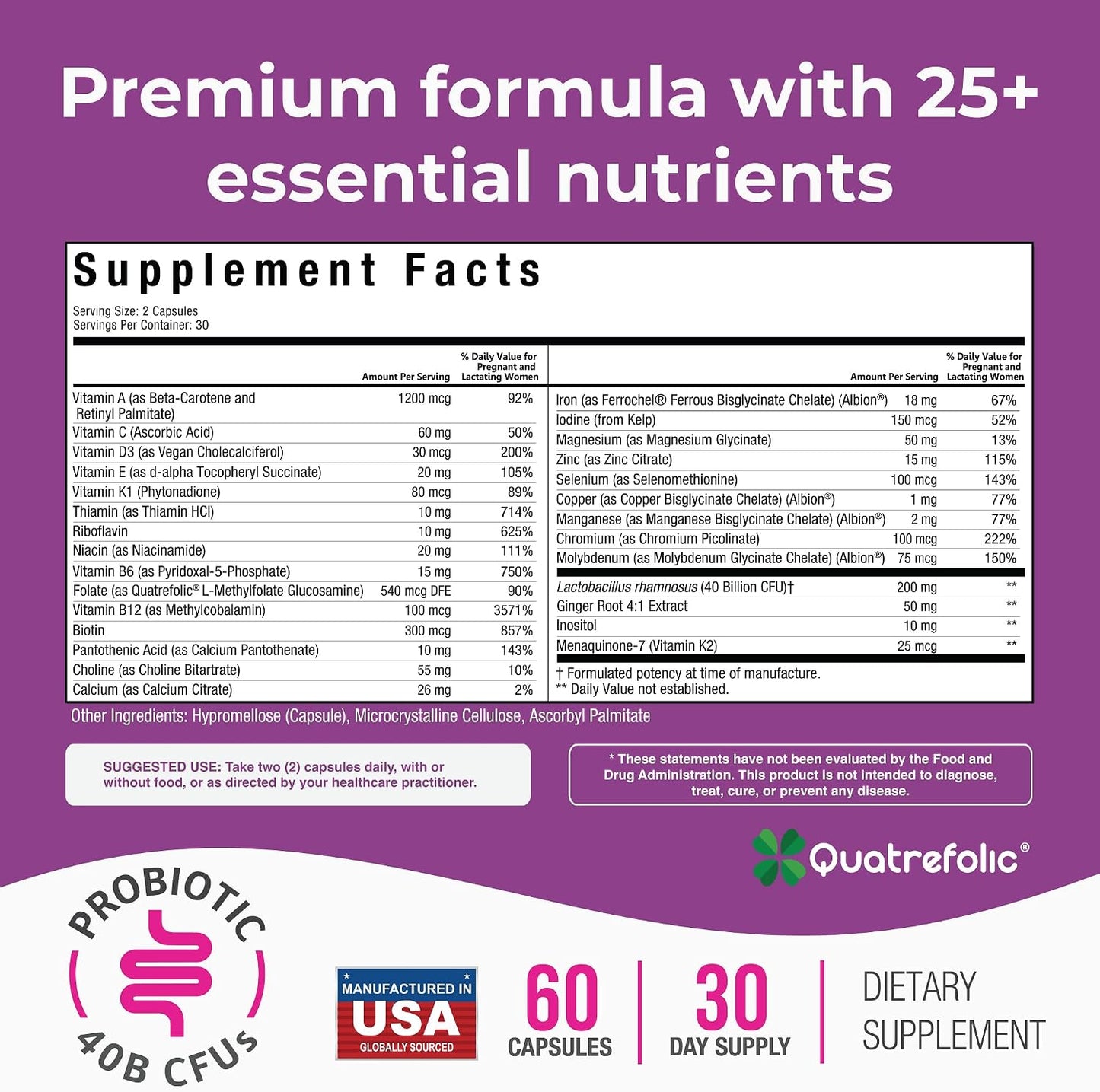 NatureGenX Methyl Prenatal with Probiotics – Prenatal Vitamins for Women with Iron, Methyl Folate, Ginger, Active B12 & 28 Nutrients – Vegan, Non-GMO, Gluten-free – 60 Capsules (1-Month Supply) - görsel 2