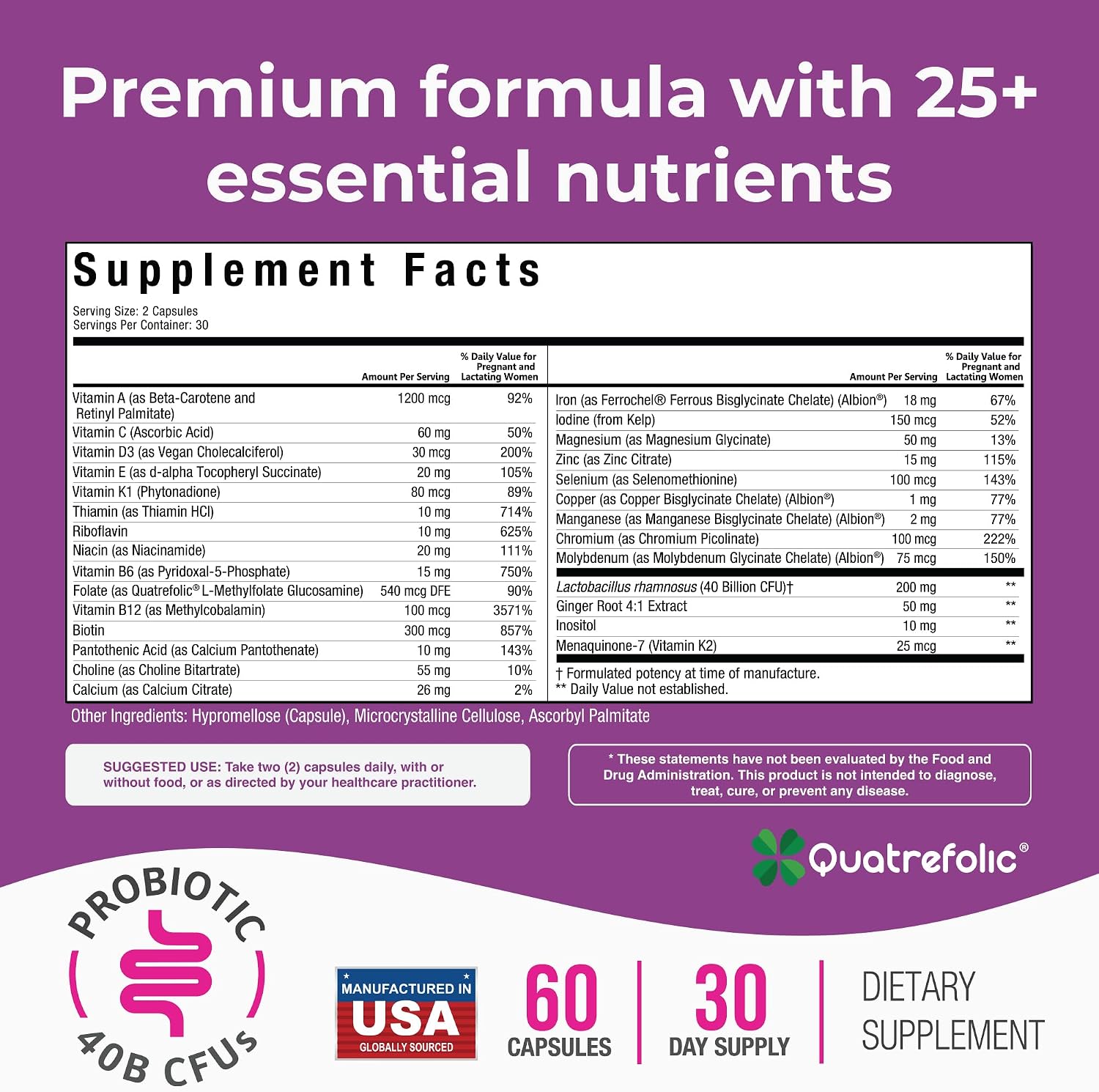 NatureGenX Methyl Prenatal with Probiotics – Prenatal Vitamins for Women with Iron, Methyl Folate, Ginger, Active B12 & 28 Nutrients – Vegan, Non-GMO, Gluten-free – 60 Capsules (1-Month Supply) - görsel 2
